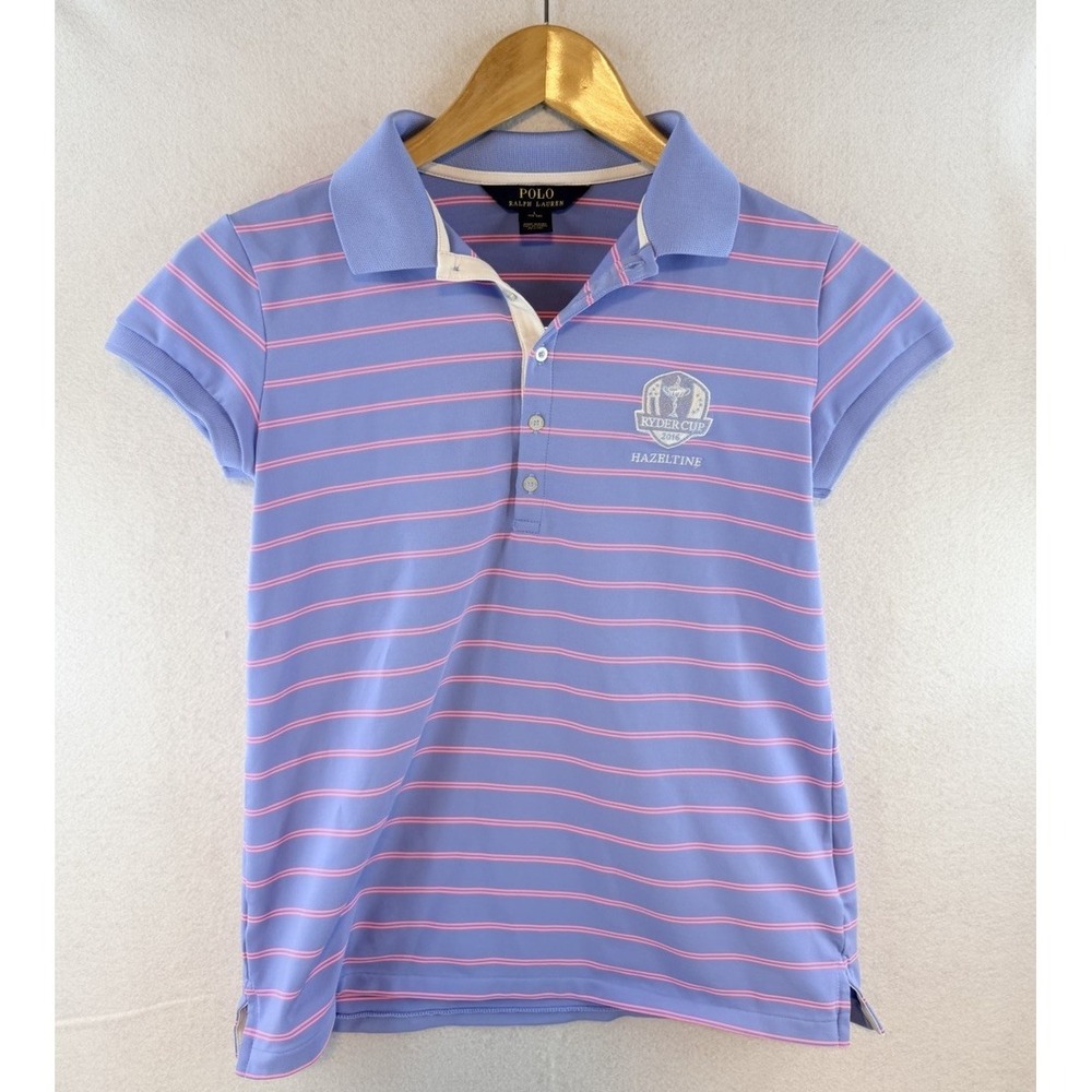 Polo Ralph Lauren Girls Blue Pink Striped Short Sleeve Polo Shirt, L, Hazeltine